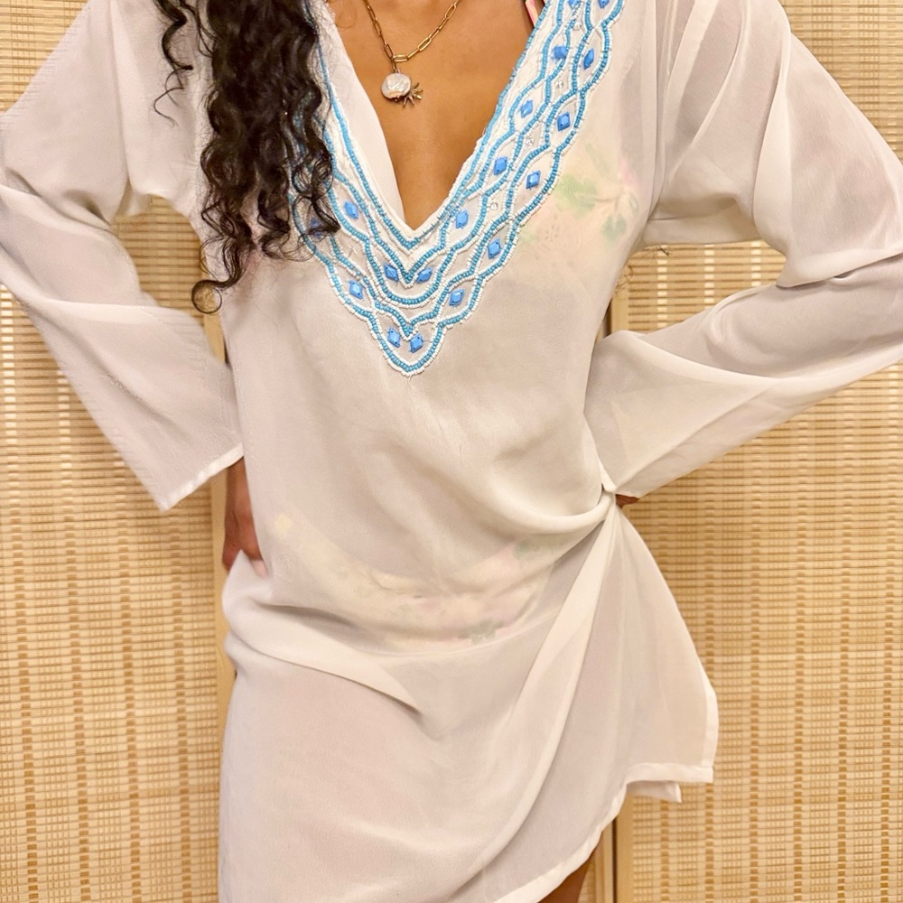 White and Blue Embroidered Swim Cover-Up